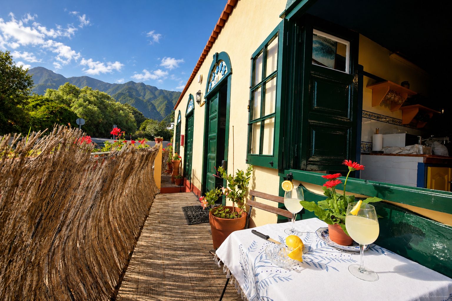 Une terrasse avec une table dressée pour le repas, des plantes en pot et une vue sur la montagne.