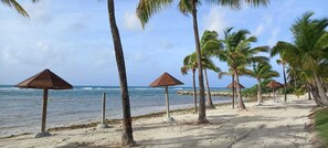 On the beach, sun loungers
