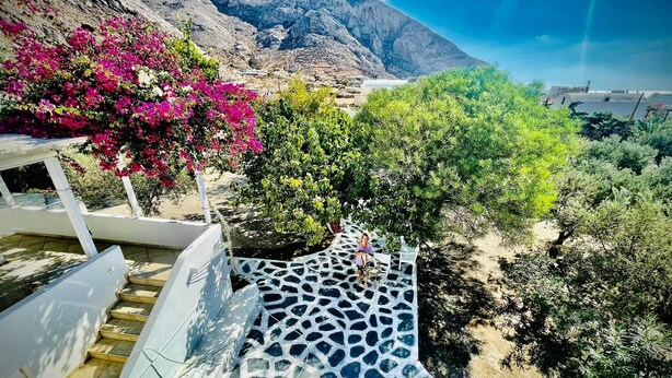 A staircase leading to a terrace with a mountain view, surrounded by lush greenery and flowering plants. - Villa Arietta Santorini (Santorini)