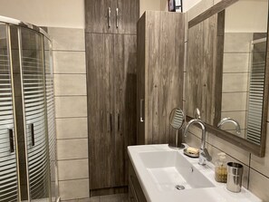 Shower, hair dryer, towels