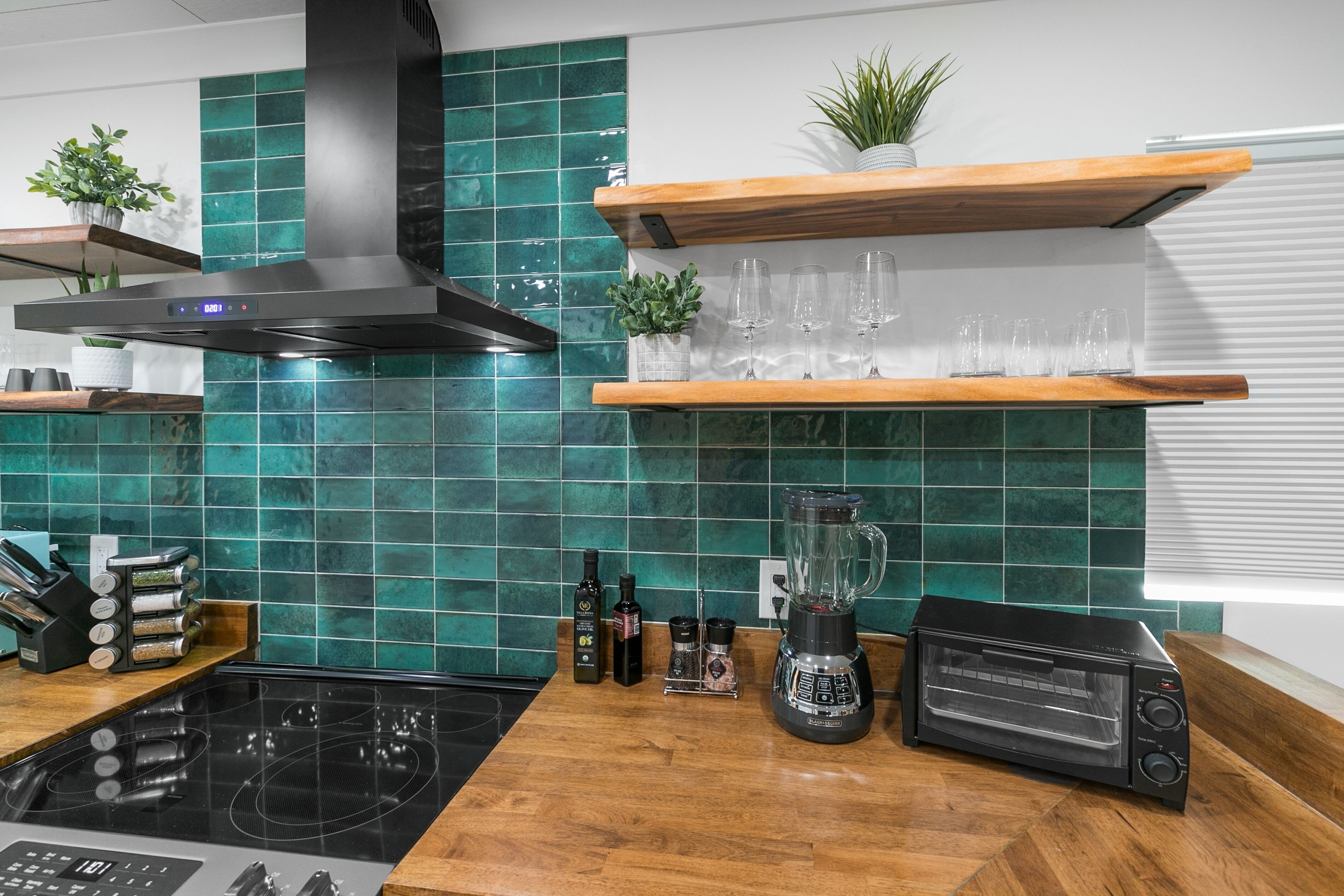 A kitchen with a black induction cooktop, a toaster oven, a blender, and a coffee maker on the counter. There are shelves with glasses and a plant.