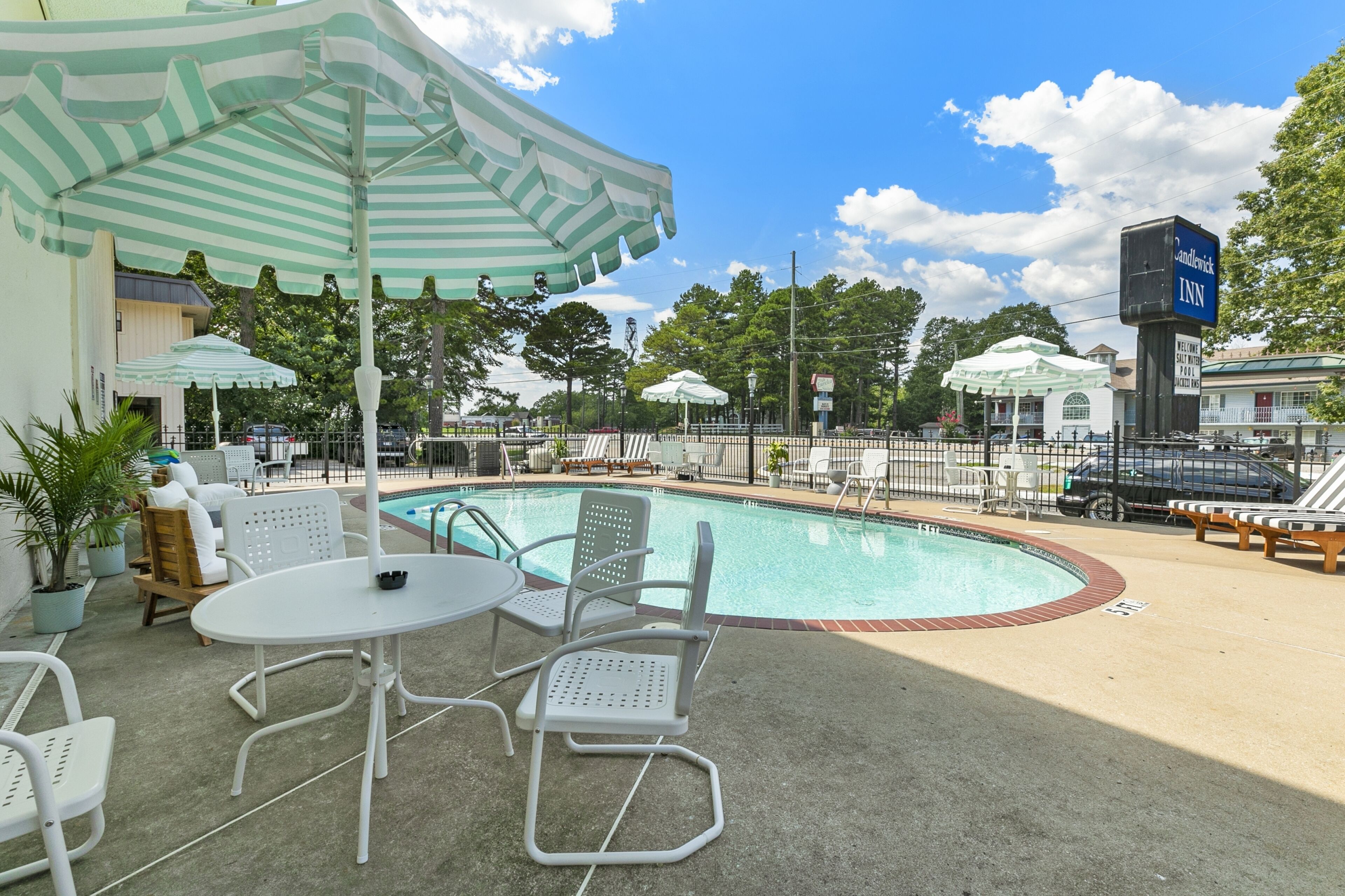 A pool area with lounge chairs and umbrellas, surrounded by a fence, and a sign for Candlewick Inn.