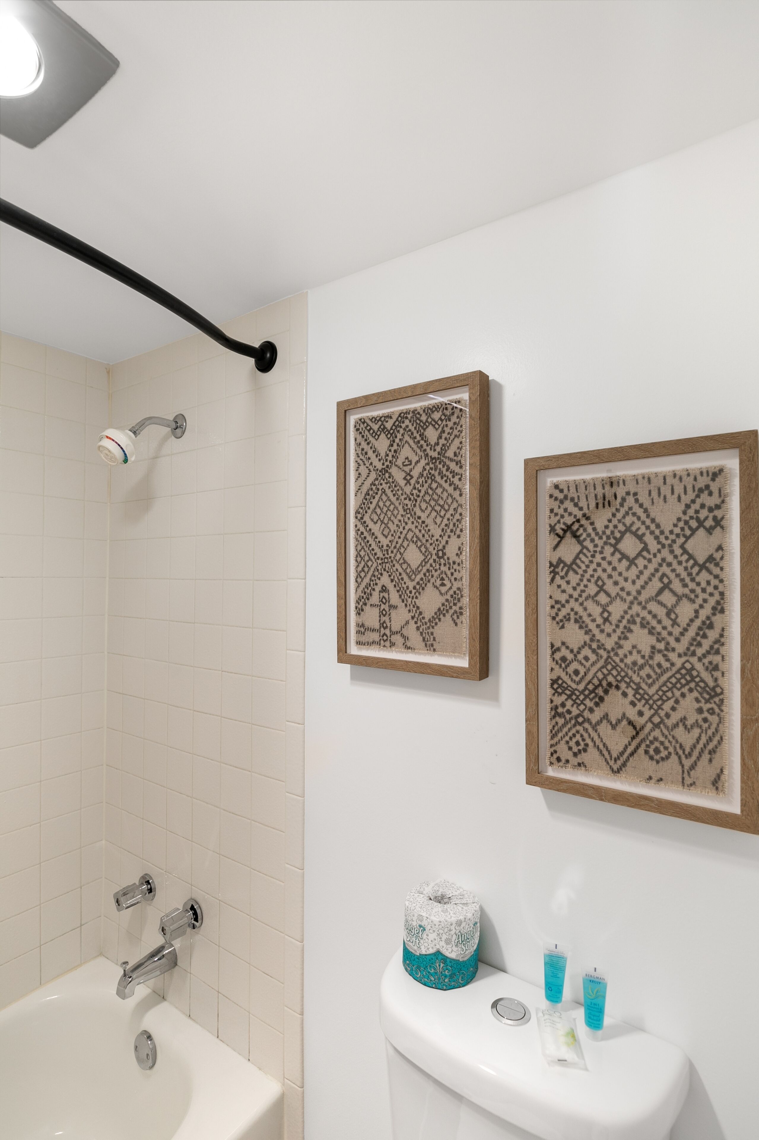 Een badkamer met een badkuip, een douche en twee ingelijste kunstwerken.