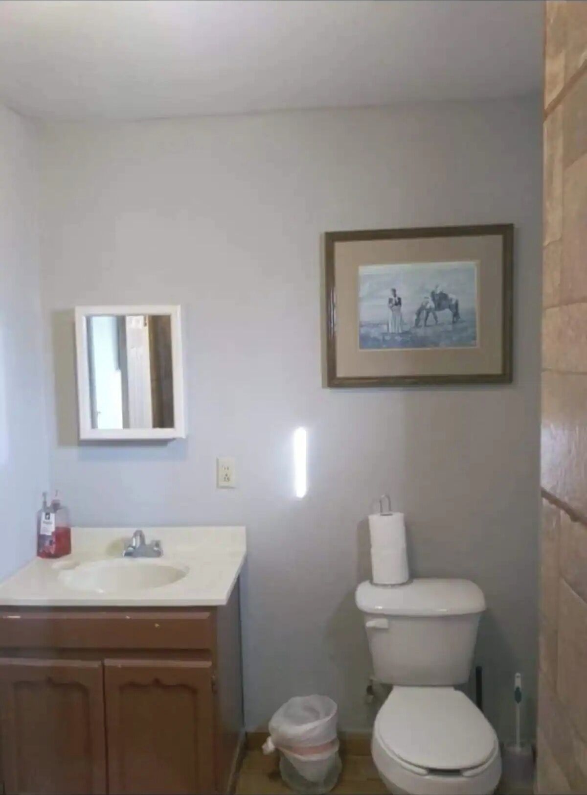 A bathroom with a sink, mirror, toilet, and a framed picture on the wall.
