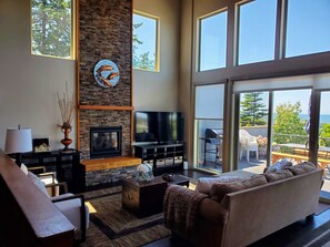 Smart TV, fireplace, books, computer monitors