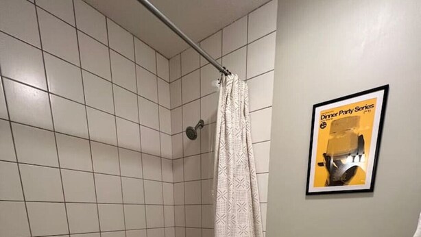 Un baño con bañera, cortina de ducha y un cuadro enmarcado en la pared.