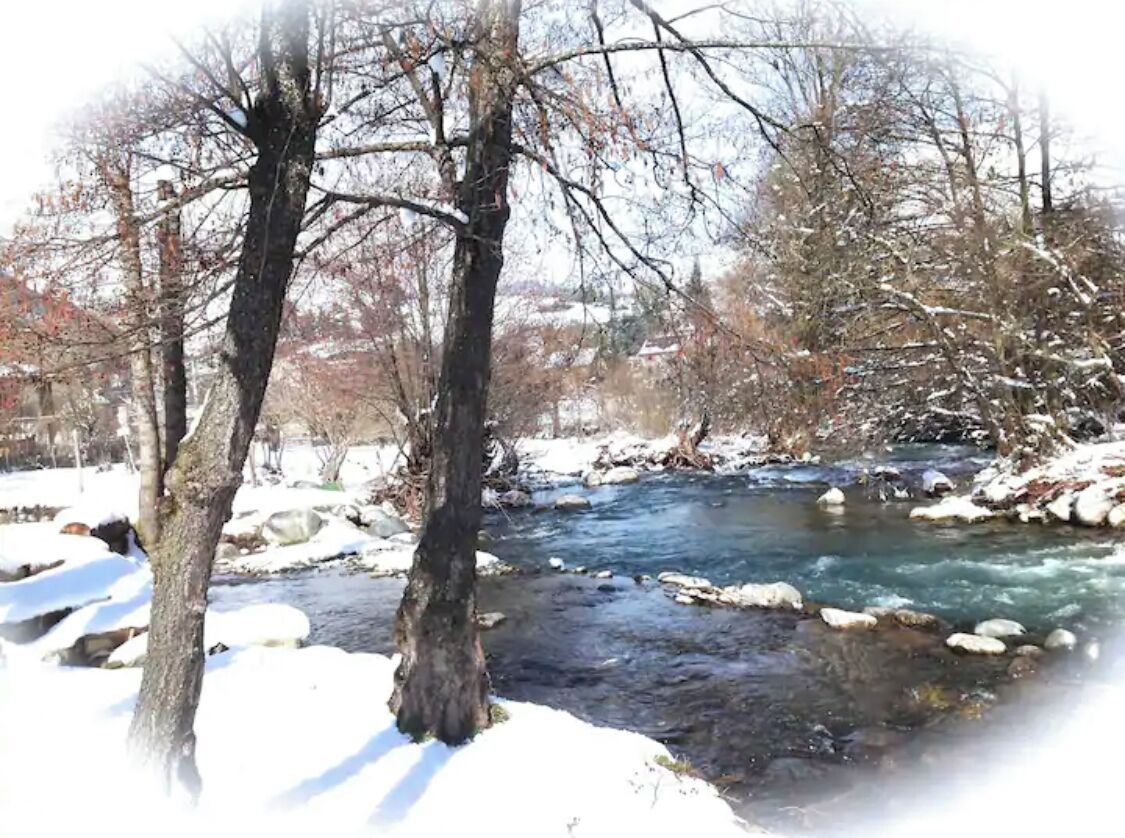 A river flowing through a snowy landscape with bare trees.