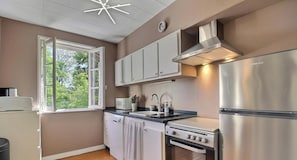 Una cocina moderna con armarios blancos, un refrigerador de acero inoxidable, un horno empotrado y una ventana con vista a la vegetación.
