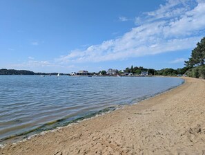 A beach with a sandy shore, a calm sea, and houses in the background.