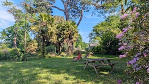 Un giardino con tavolo e sedie da picnic, circondato da alberi e piante fiorite.