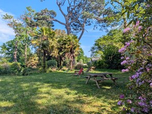 A garden with a wooden bench, a picnic table, and various trees.