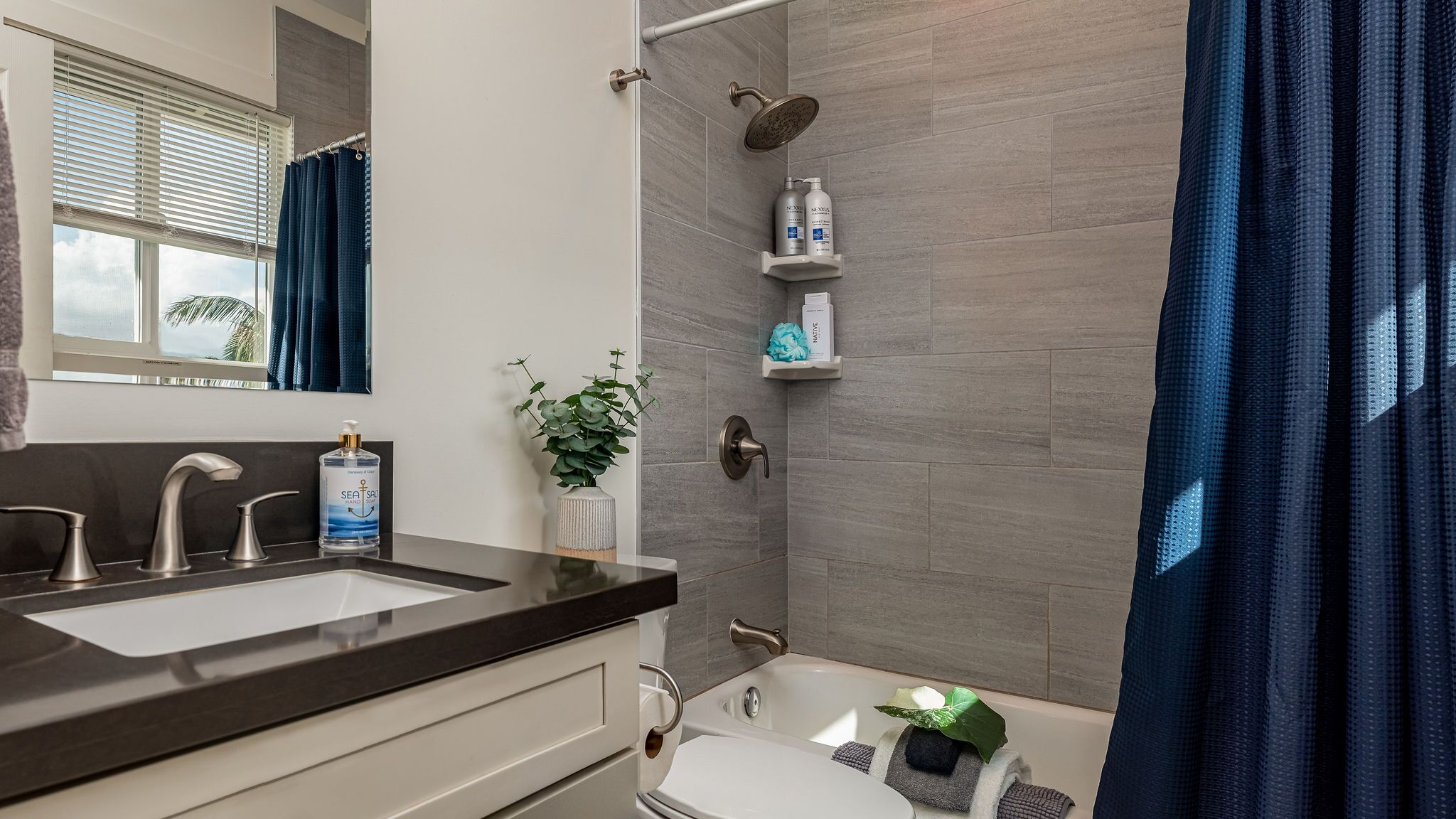 Combined shower/tub, hair dryer, towels
