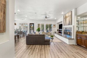 Smart TV, fireplace, foosball, table tennis