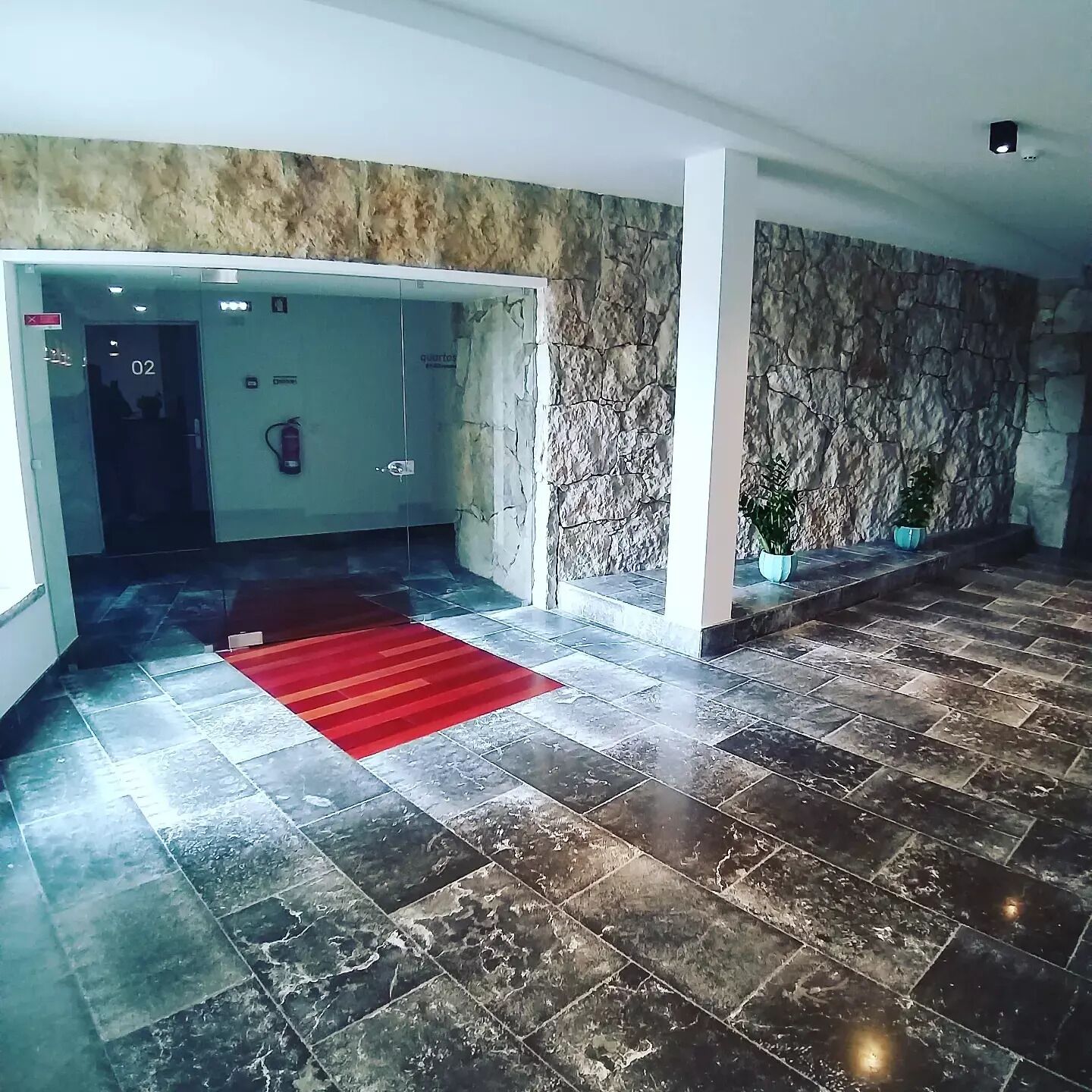 Un vestíbulo con alfombra roja, pared de piedra y extintor.