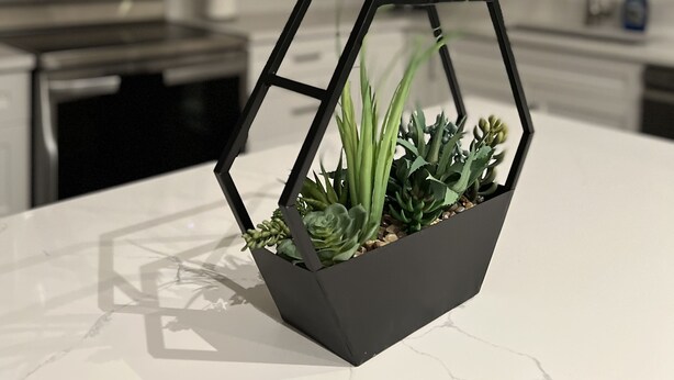 Cocina moderna con armarios blancos, electrodomésticos de acero inoxidable y una maceta hexagonal negra con plantas verdes sobre la encimera.