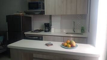 Fridge, microwave, coffee/tea maker, electric kettle