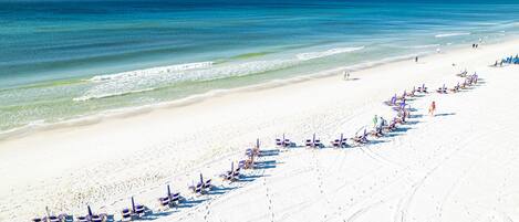 On the beach, sun loungers
