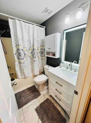 Combined shower/tub, hair dryer, towels, soap