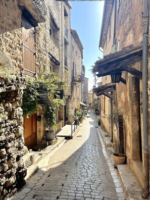 A narrow cobblestone street flanked by stone buildings with wooden shutters and potted plants. - Fully air-conditioned 4-star luxury townhouse (Tourrettes-sur-Loup)
