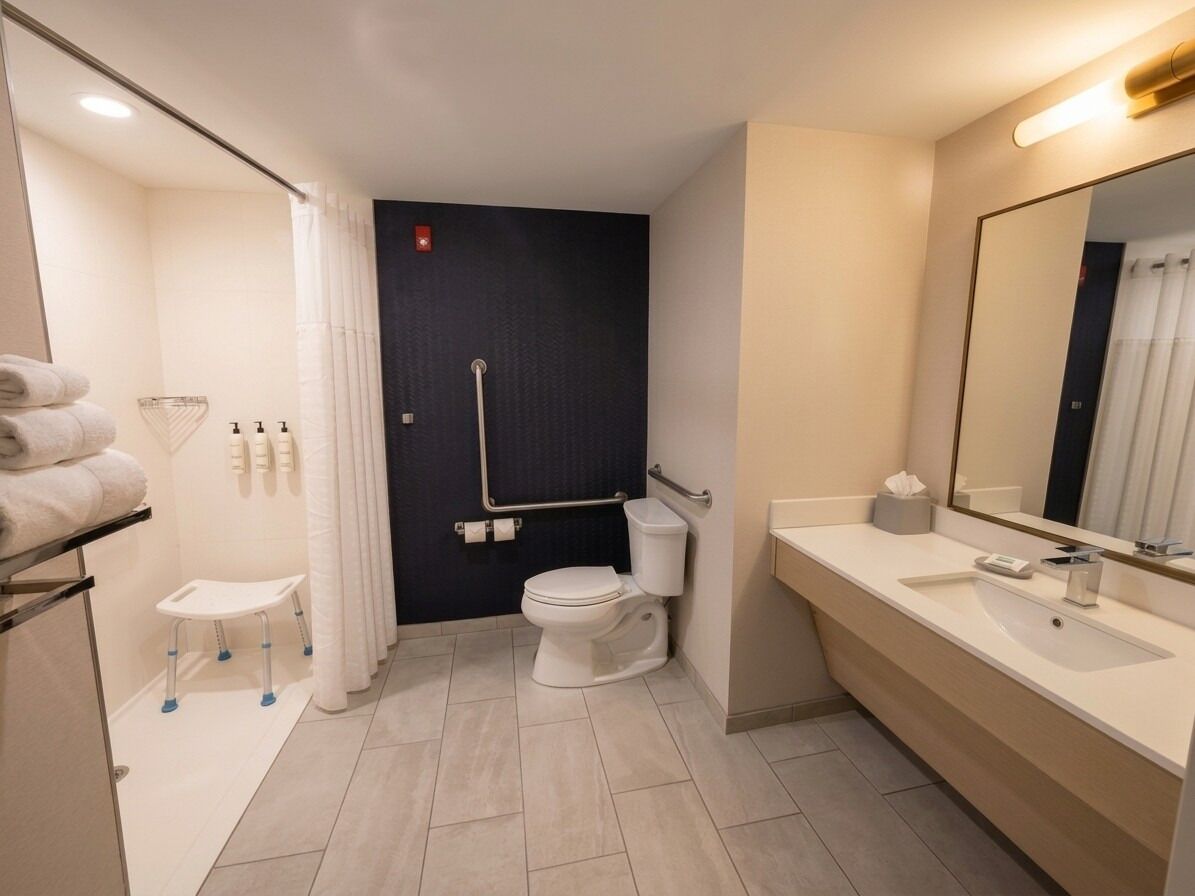 Zimmer, 1 King-Bett und Schlafsofa, rollstuhlgeeignete Dusche (Hearing Accessible) | Badezimmer | Kostenlose Toilettenartikel, Haartrockner, Handtücher, Seife