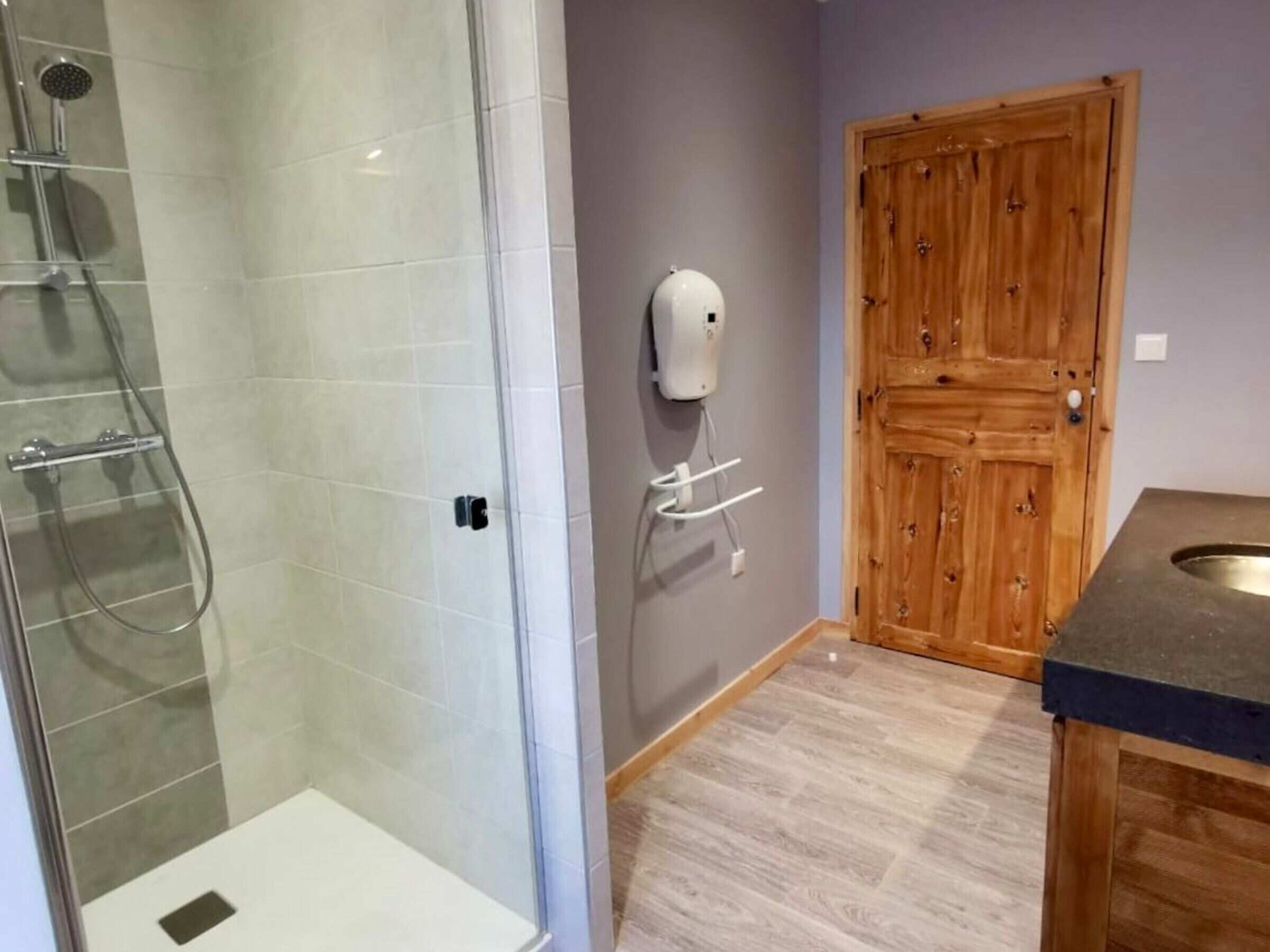A bathroom with a glass shower enclosure, a wooden door, and a countertop with a sink.