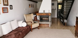 TV, fireplace, DVD player, books