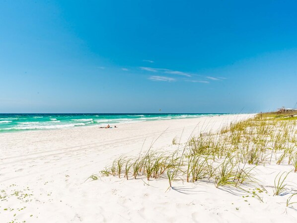 A beach with white sand, clear blue water, and sparse vegetation.
