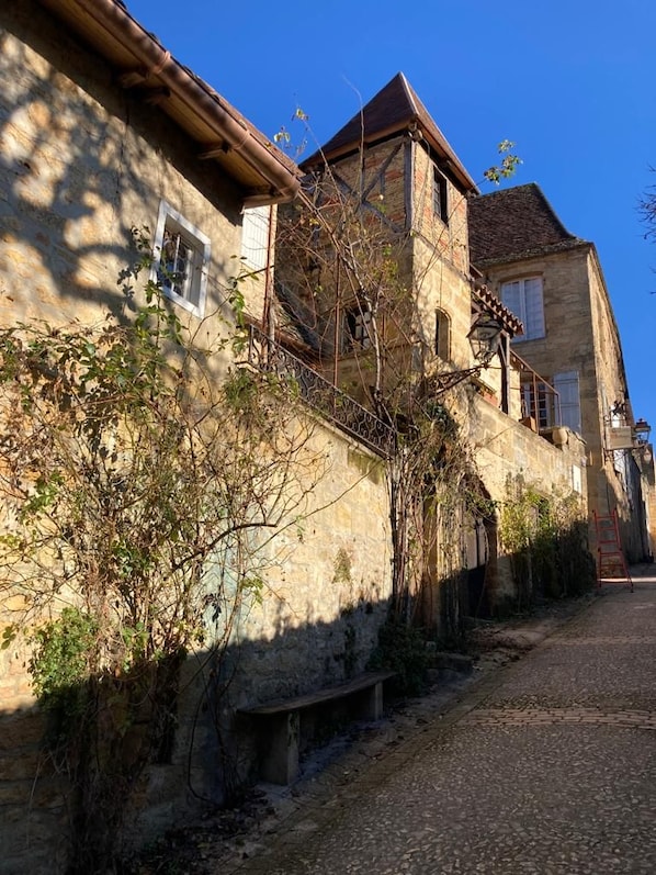 A narrow cobblestone street flanked by stone buildings with wooden shutters and a metal fence.