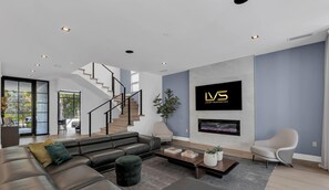 Télévision, cheminée, livres, chaîne hi-fi