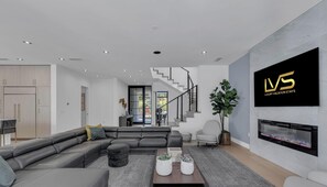 Télévision, cheminée, livres, chaîne hi-fi