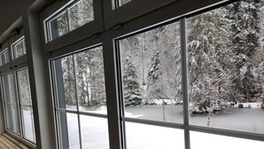 Une vue depuis une fenêtre à carreaux multiples, donnant sur un paysage enneigé avec des arbres et une étendue d’eau gelée.