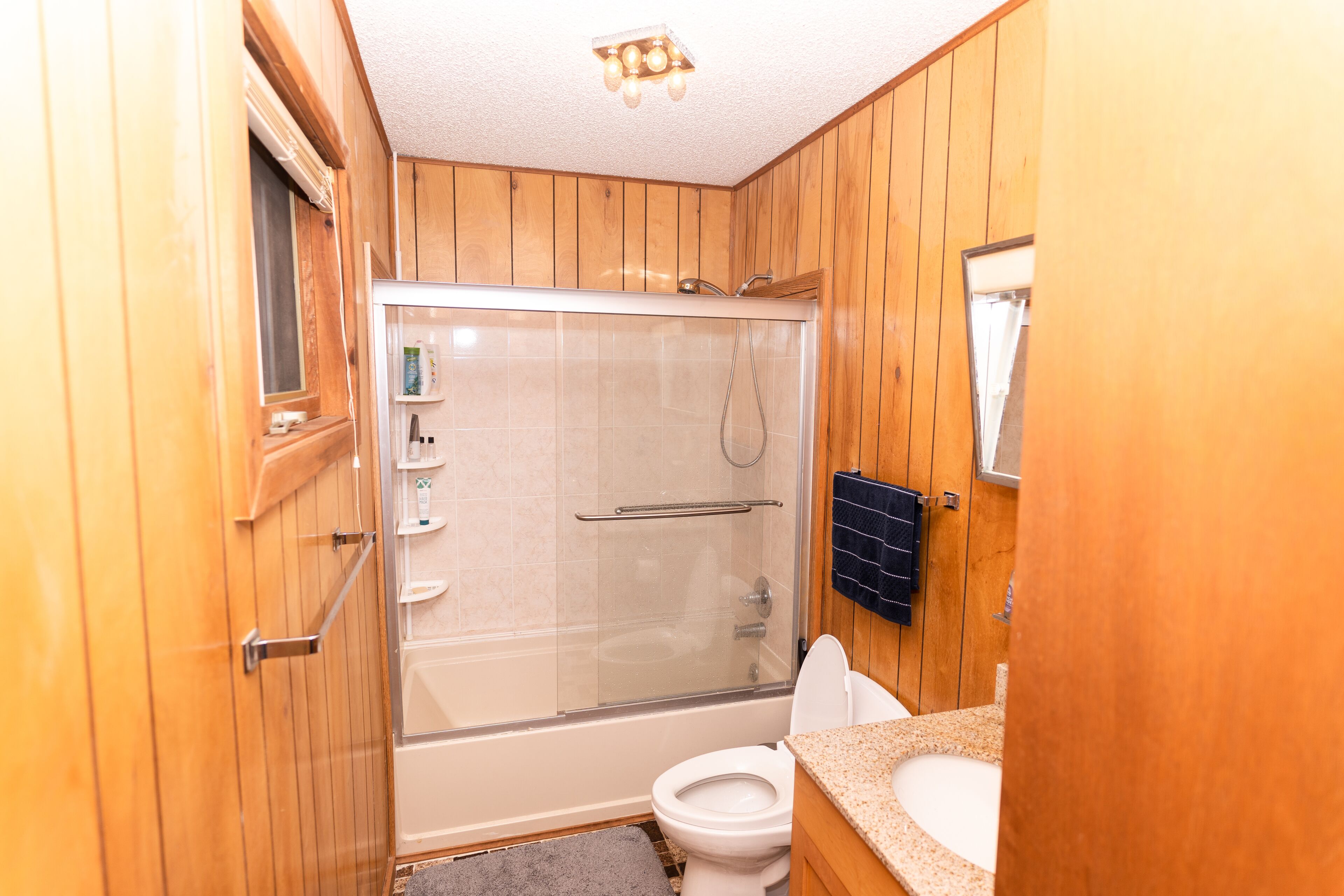 Combined shower/bathtub, towels, soap, toilet paper