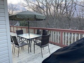 Eine überdachte Terrasse im Freien mit Tisch und Stühlen, einem roten Geländer und im Hintergrund kahlen Bäumen.