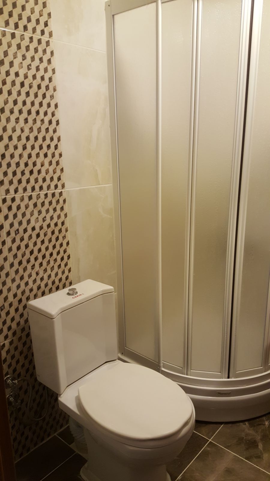 A bathroom with a toilet, a shower enclosure, and a patterned wall.