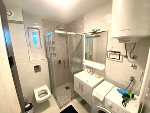 Shower, hair dryer, towels