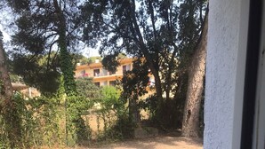 A paved courtyard with stone tiles, surrounded by trees and a building in the background. - Beautiful Apartment, Swimming Pool and Beach 2 (Platja d'Aro)