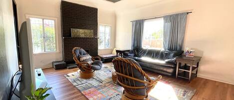 Smart TV, fireplace, books