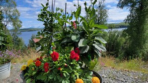 A flower bed with a variety of flowers and a view of a lake and mountains in the background. - Vintage Trailer with  access to Big Lake & Private Campground  (Big Lake)