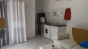 Een ruimtelijke woonkamer met een kitchenette, een wasmachine, een magnetron en een eethoek met een tafel en stoelen.