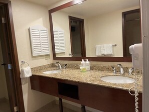 Tina, secadora de cabello, toallas, shampoo 