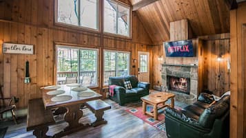 Smart TV, fireplace, music library