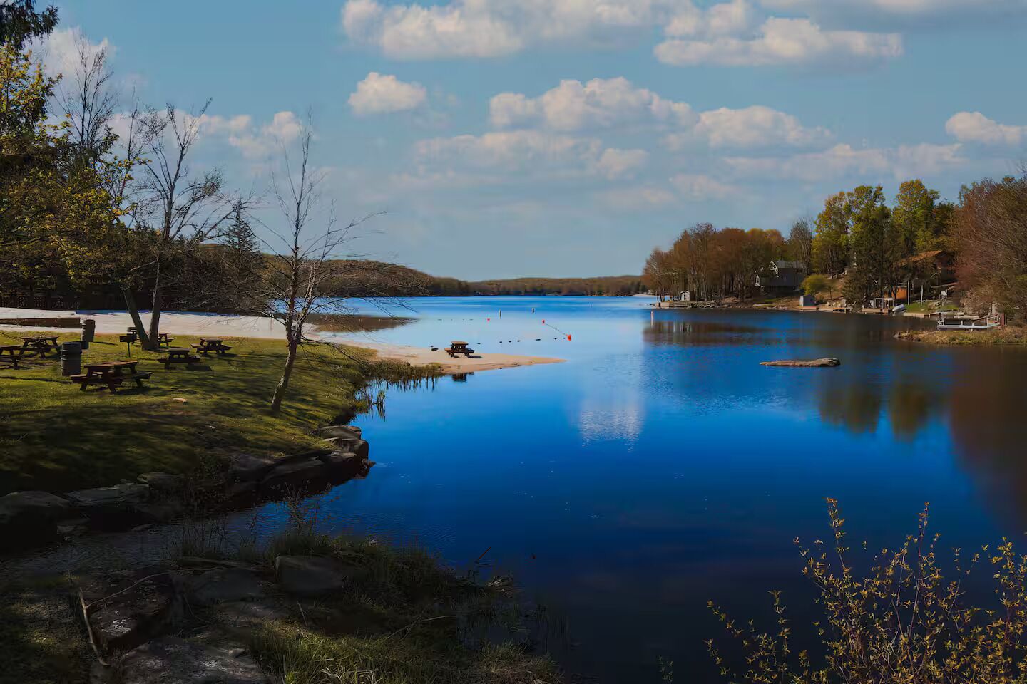 A serene lakeside setting with picnic tables and a boat dock.