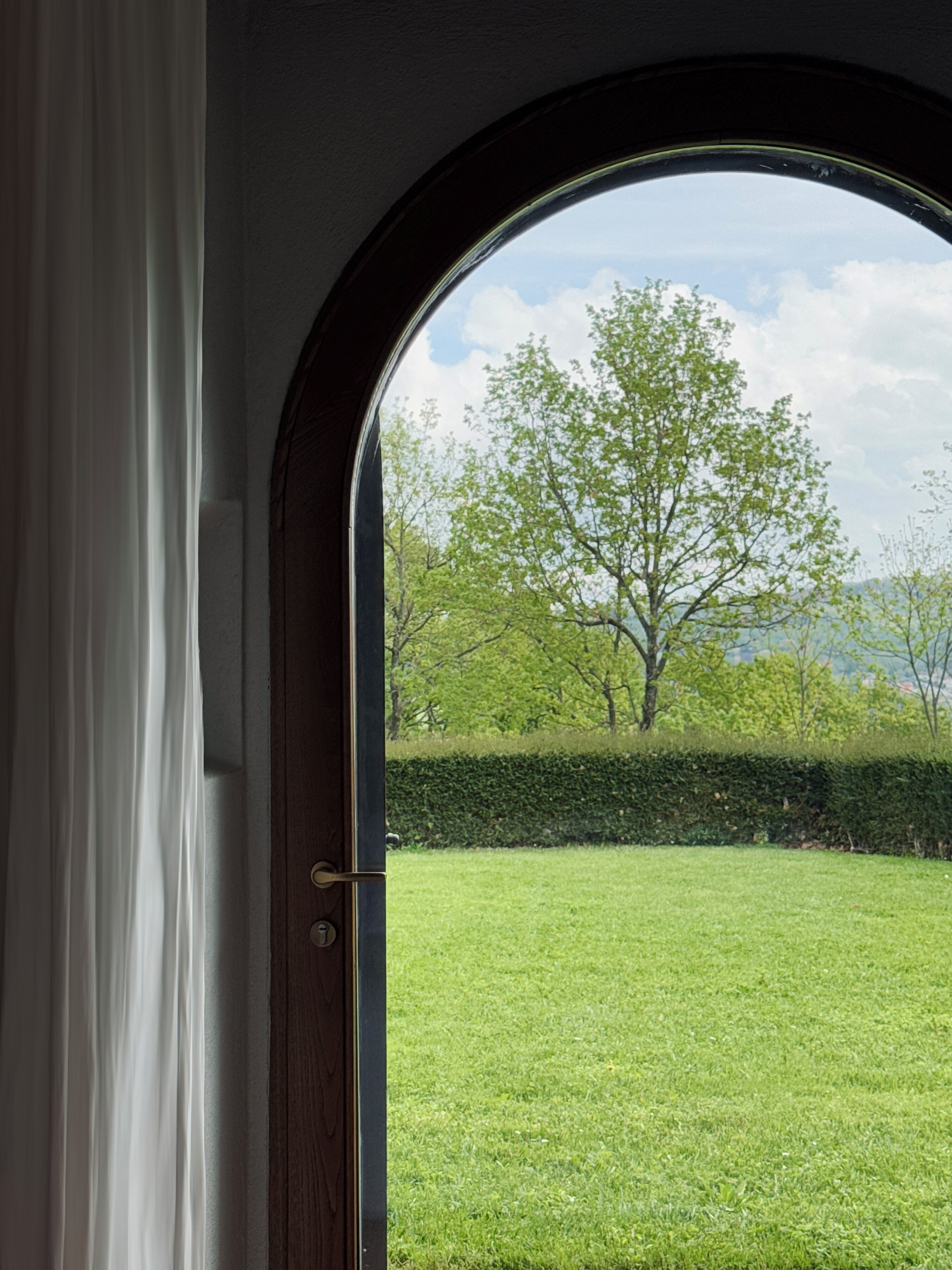 Una vista attraverso una porta che si apre su una zona erbosa all'aperto, con un albero e un siepe.