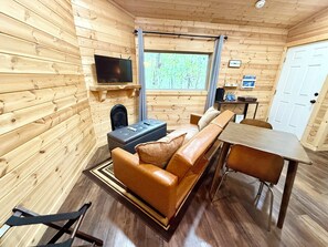 Smart TV, fireplace, books, music library