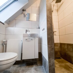 Un bagno con il water, un lavandino e una zona doccia.