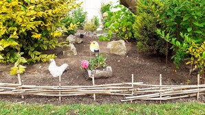 Een tuin met een decoratieve kippenbeeldje, een vogelvoerder en een klein bloemstuk.