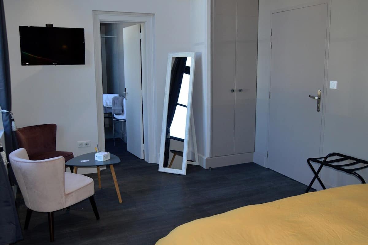 Habitación de hotel con cama, escritorio, silla, televisión, armario y espejo.