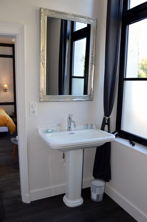 A bathroom with a white pedestal sink, a large mirror with an ornate frame, and a window with black curtains. -  Cote Green (Combles-dn-Barrois)