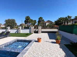 A swimming pool with a tiled deck, a stone wall, and a gate leading to a residential area with houses and palm trees.