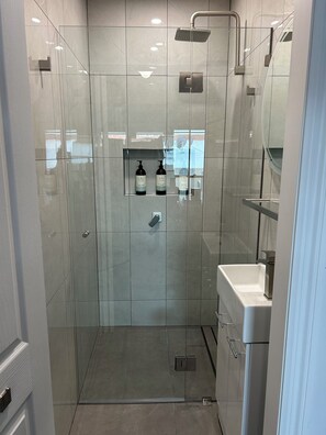 Shower, jetted tub, hair dryer, towels